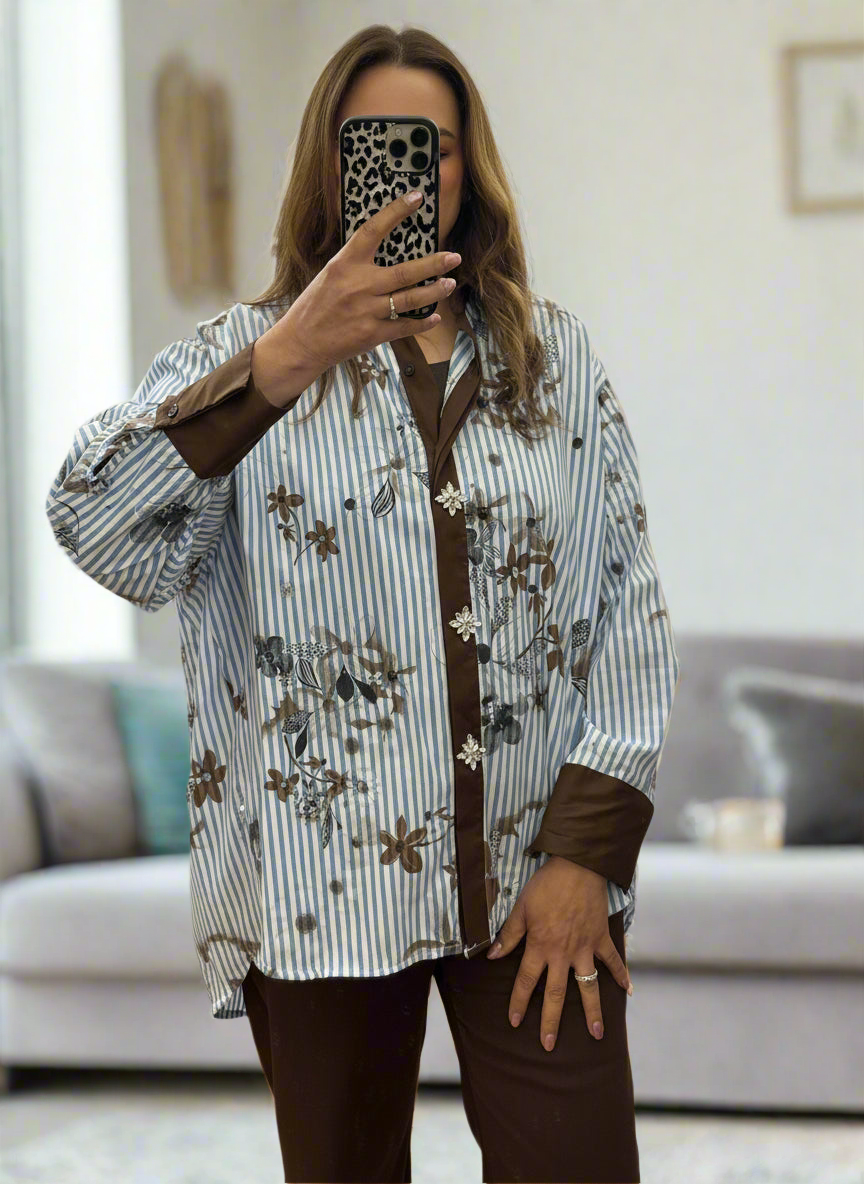 ZETA-CYBIL PINSTRIPE DIAMANTE BTNS SHIRT
