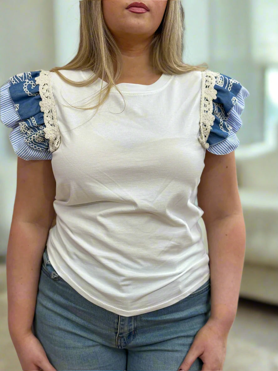 ASHTON FRILL SHOULDER TEES-DENIM EMB - #LAST 1 LEFT
