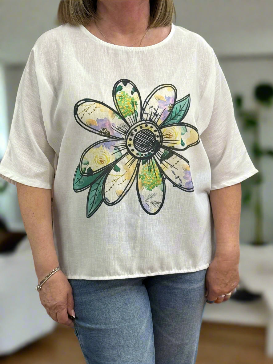 KIKI - LINEN MIX FLOWER TOP