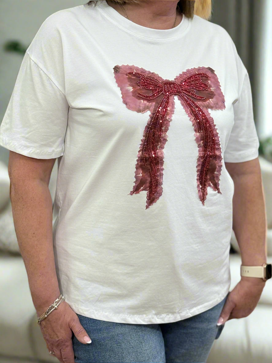 COCO -ROSE SEQUIN BOW APPLIQUE TEE