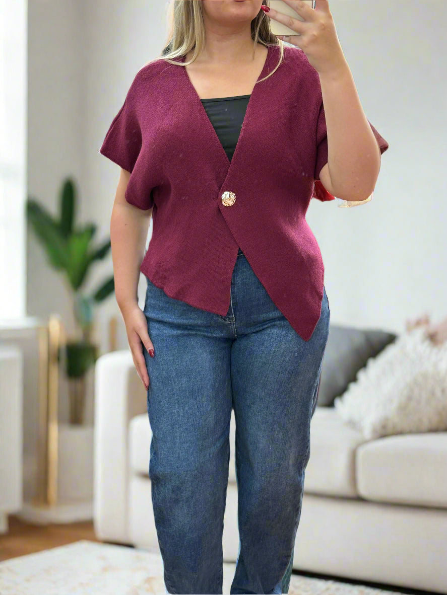 NIA-ASSTMETRIC 1 BUTTON SHRUG KNIT