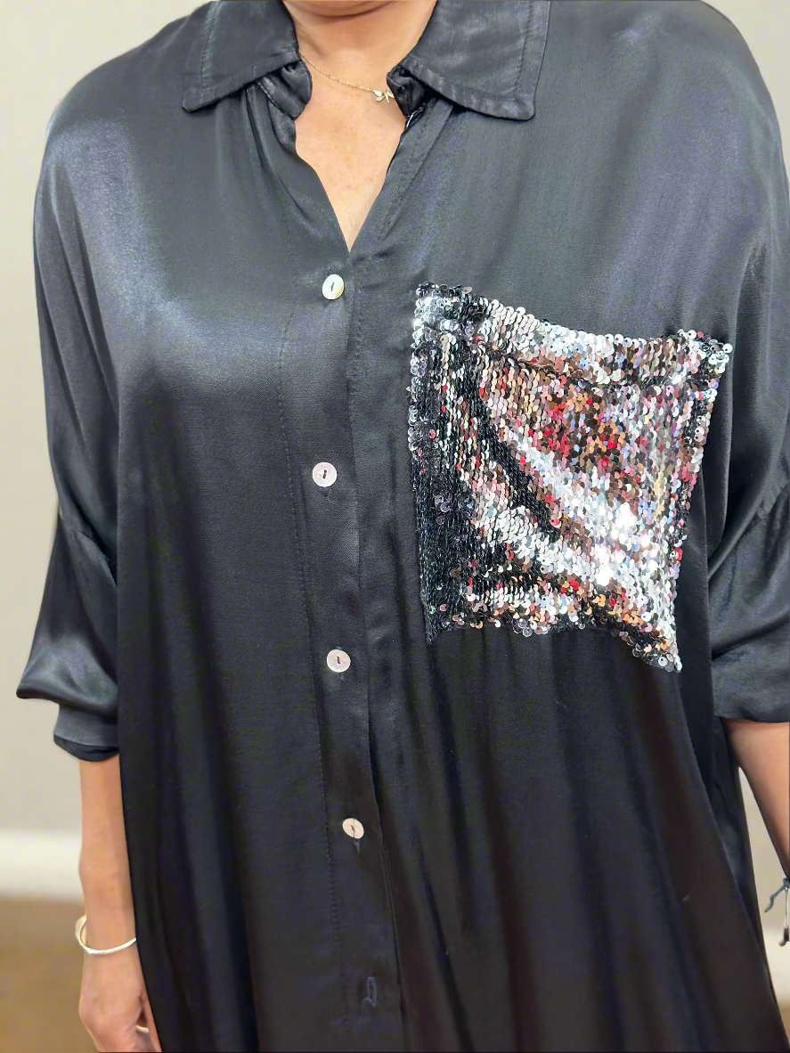 SATIN SEQUIN POCKET SHIRT