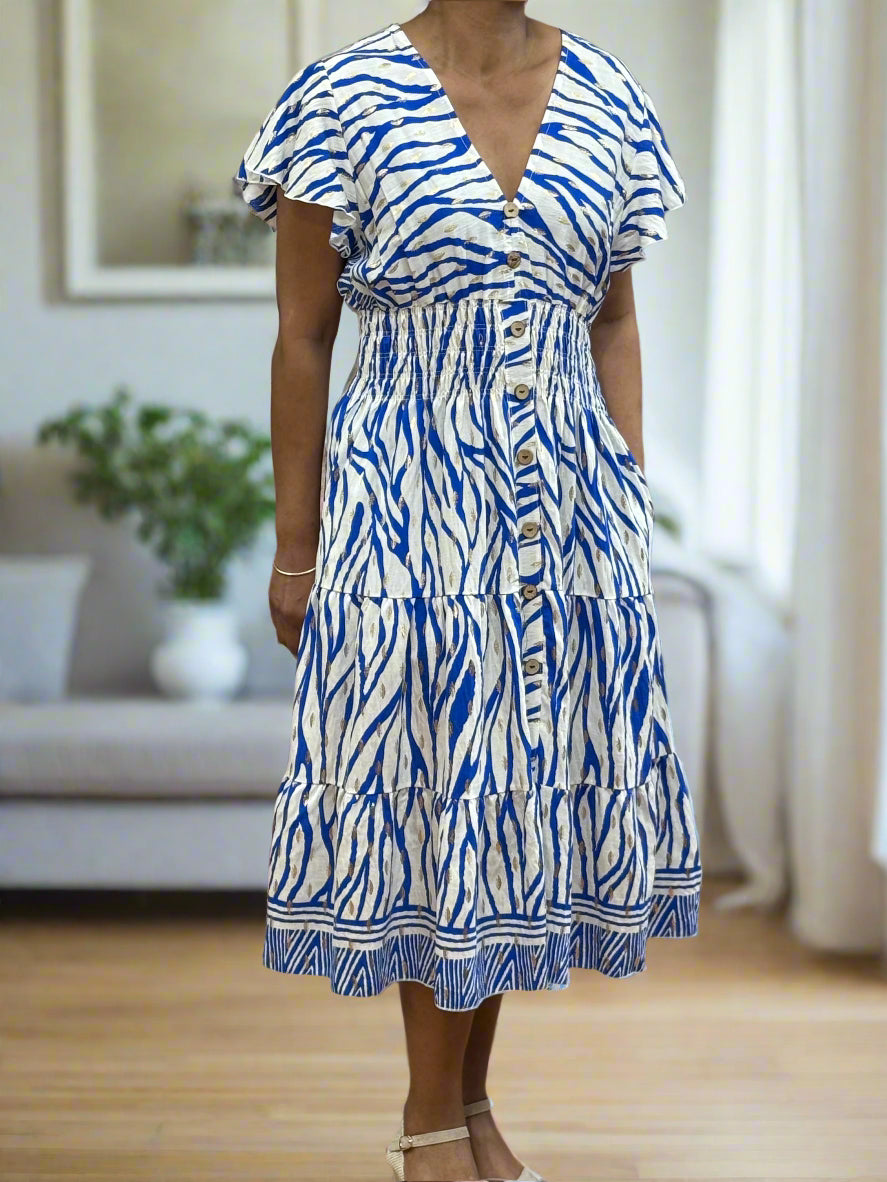 KEELY-BUTTON DETAIL PRINT MIDI DRESS