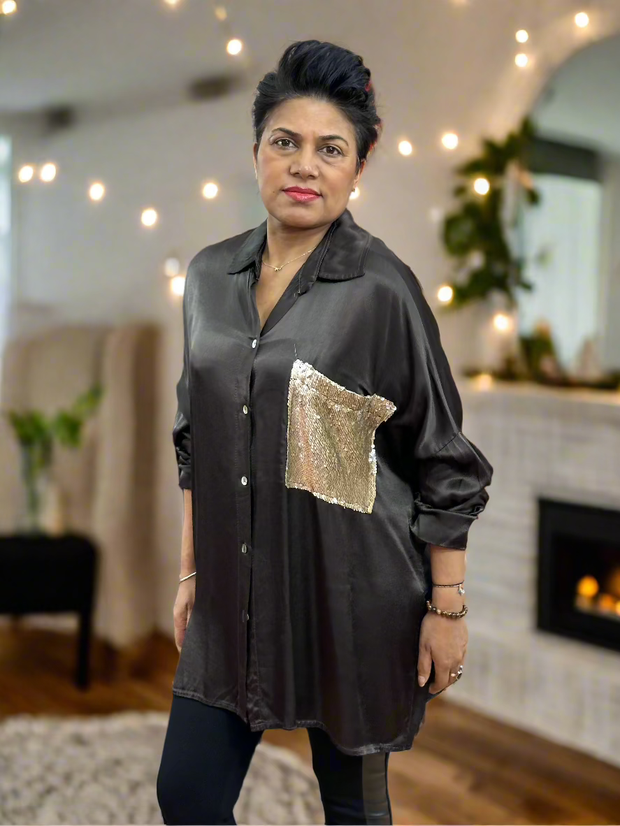 SATIN SEQUIN POCKET SHIRT