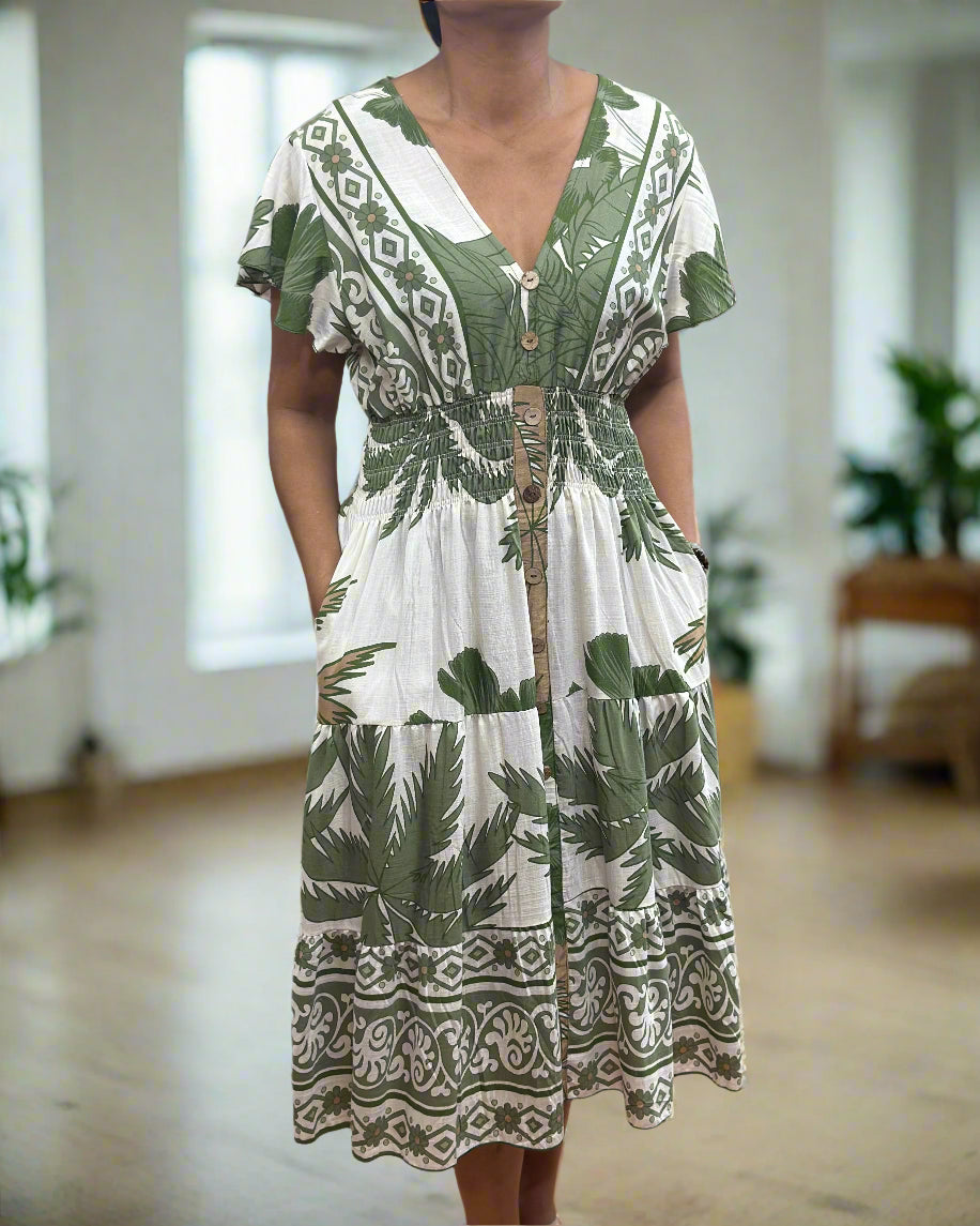 KEELY-BUTTON DETAIL PRINT MIDI DRESS -