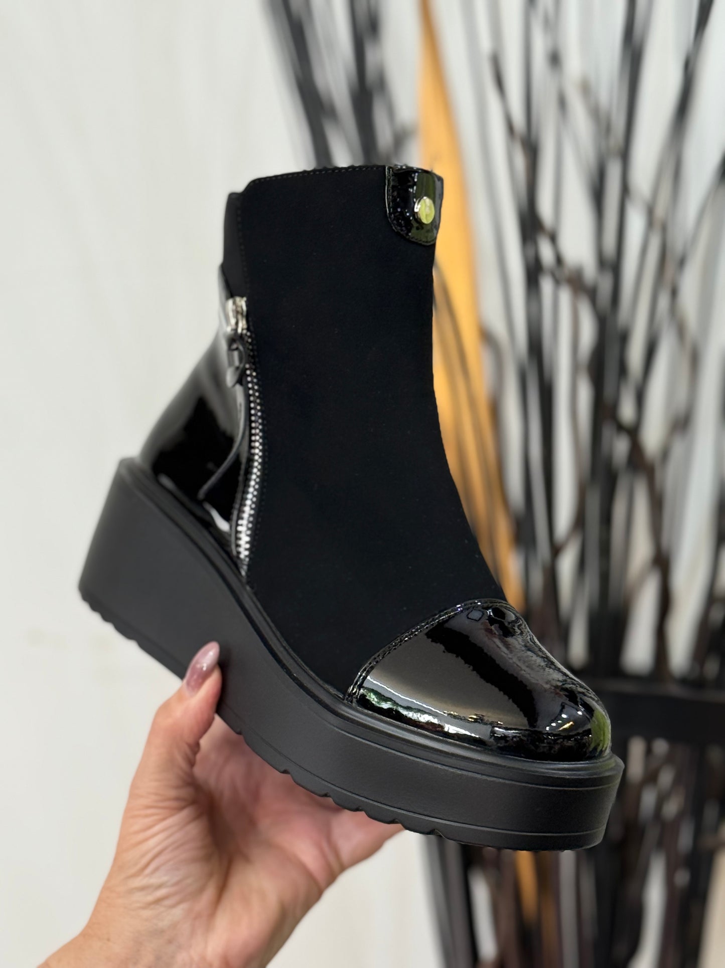 MIRRON- PATENT TOE WEDGE BOOT- BLACK