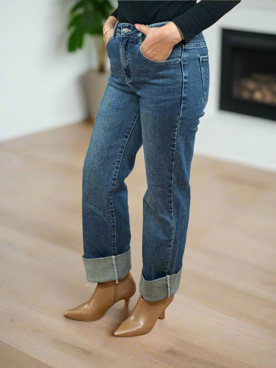 ALANA - WIDE TURN-UP JEAN-AGED BLUE