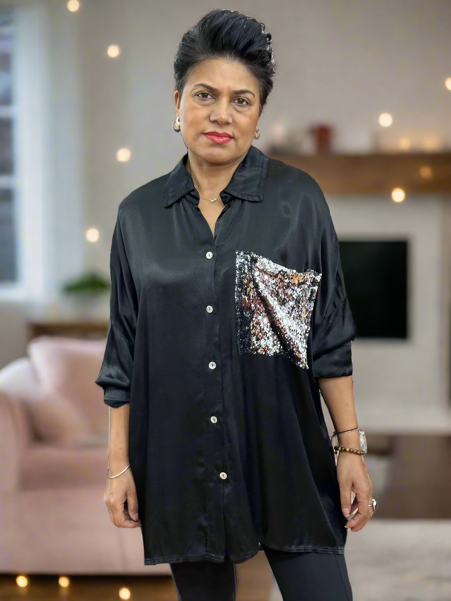 SATIN SEQUIN POCKET SHIRT
