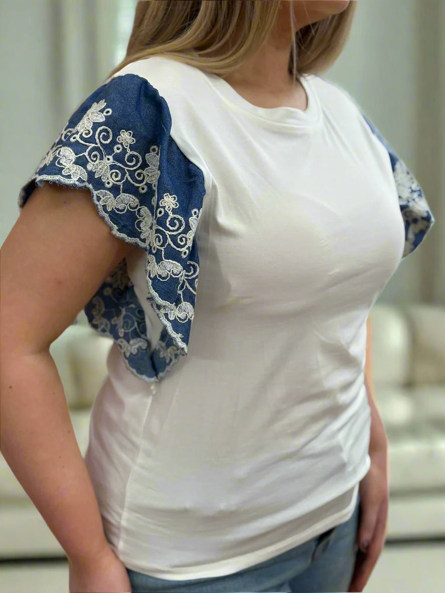 ASHTON FRILL SHOULDER TEES-DENIM EMB - #LAST 1 LEFT