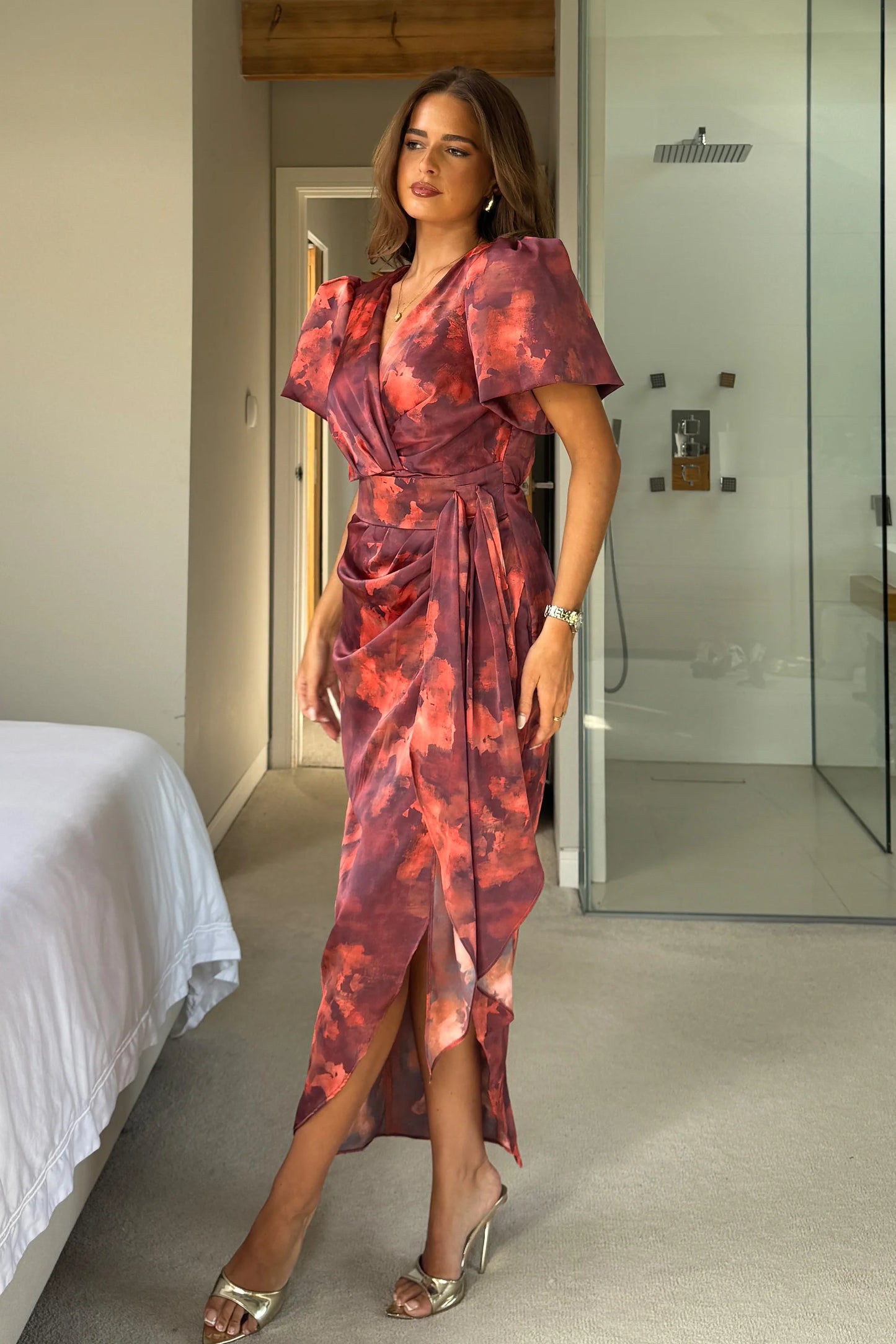 ADREENA - PUFF SLEEVE WRAP MIDI DRESS