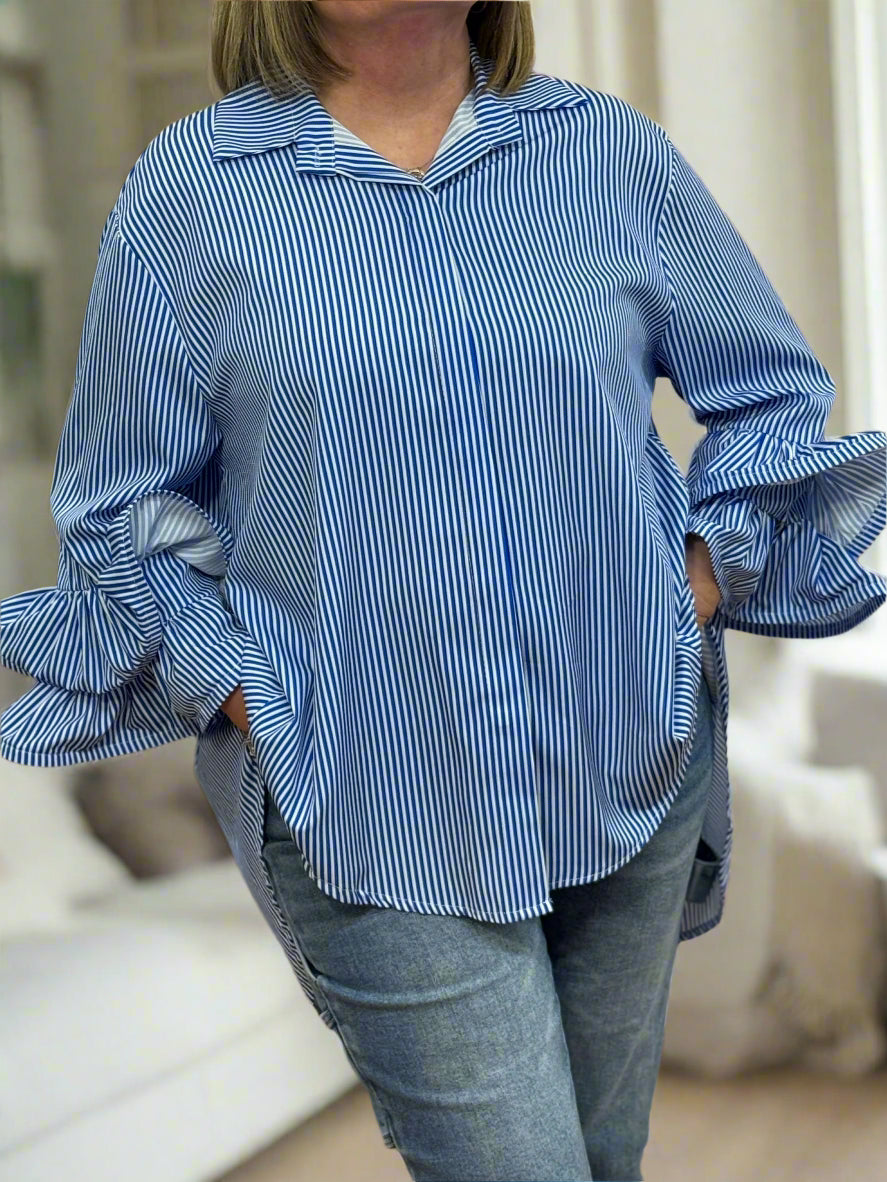CALVIN- RUFFLE SLEEVE PINSTRIPE SHIRT