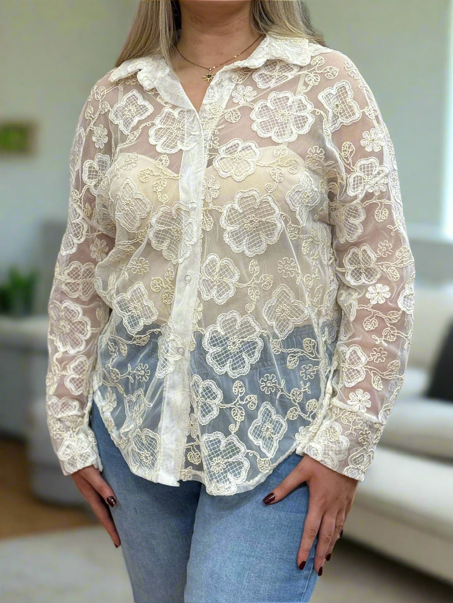 ALBANY-MESH EMB DETAIL SHIRT