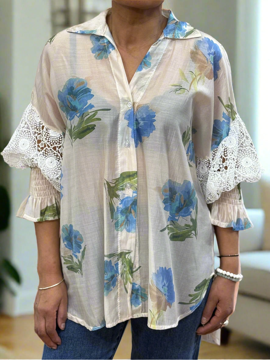 VESTA-SHEER LACE SLEEVE SHIRT