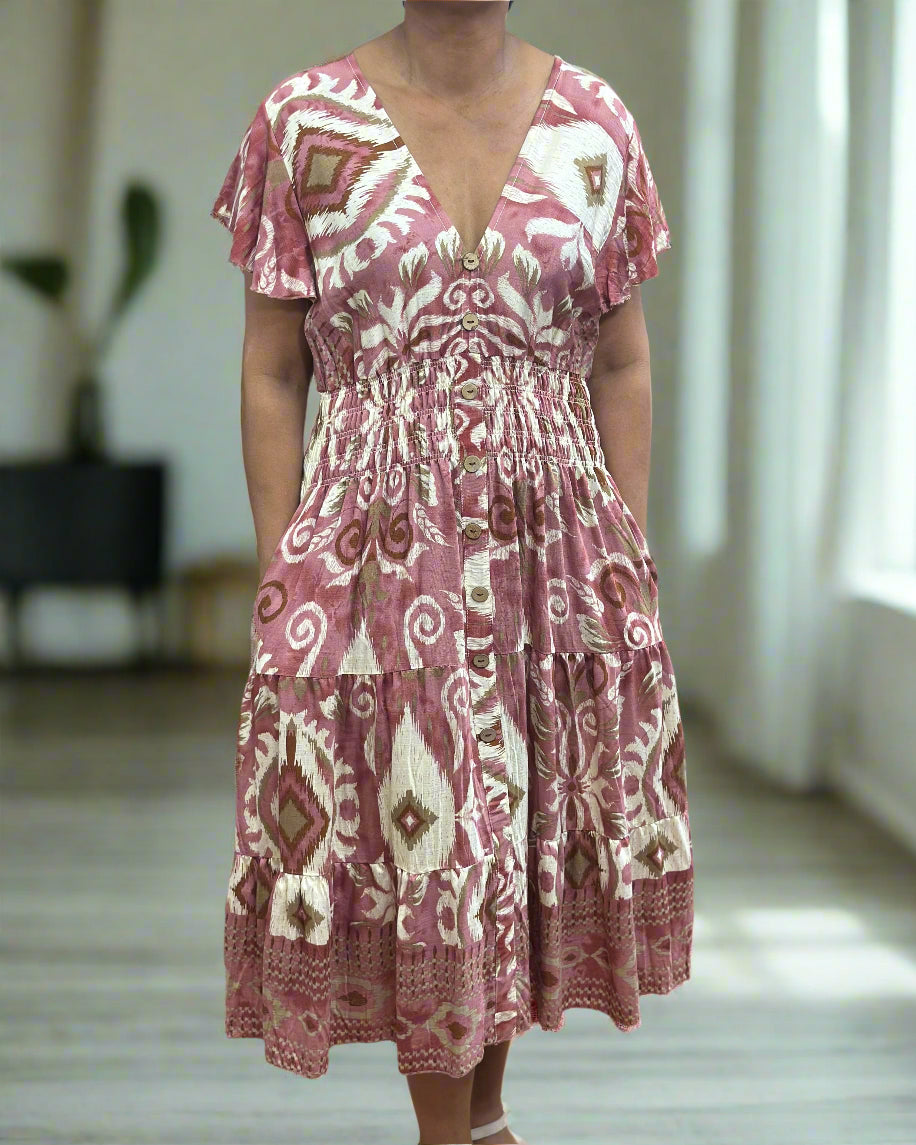 KEELY-BUTTON DETAIL PRINT MIDI DRESS -