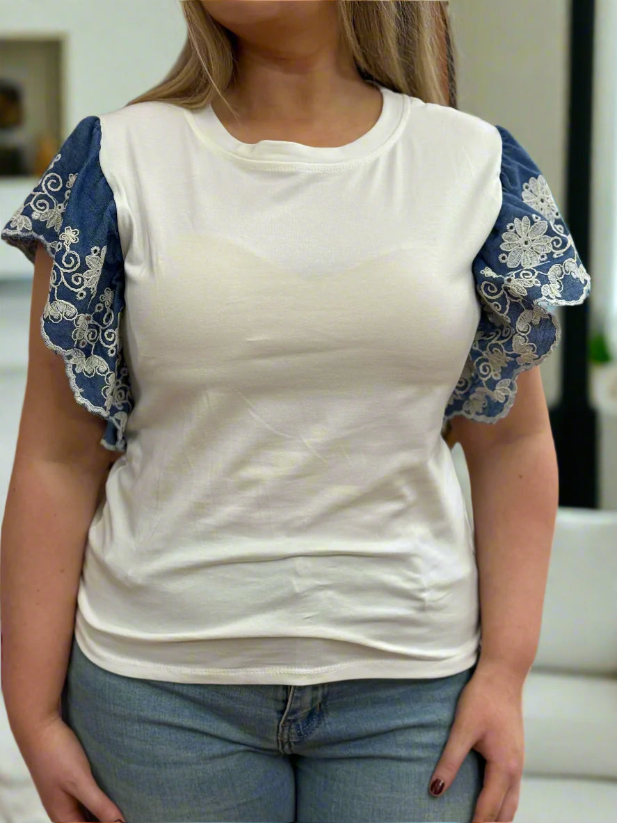 ASHTON FRILL SHOULDER TEES-DENIM EMB - #LAST 1 LEFT