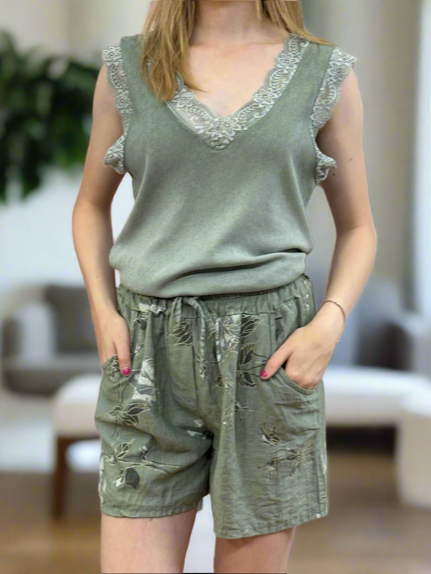 KELLY-LINEN MIX PRINT SHORT