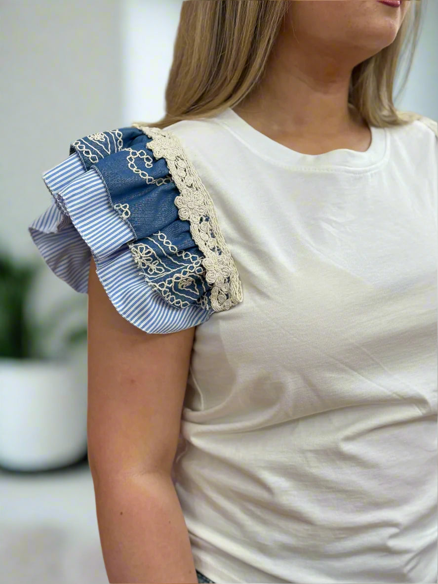 ASHTON FRILL SHOULDER TEES-DENIM EMB - #LAST 1 LEFT