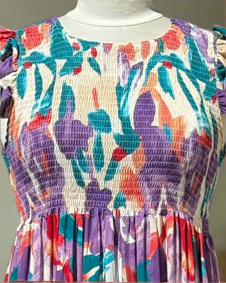 KASEY-PRINTED ROUCHED TOP MIDI DRESS