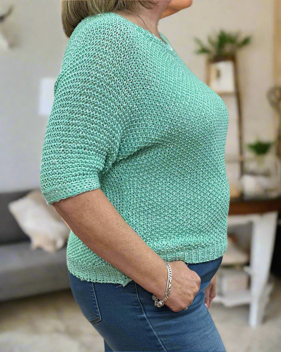 LUISA- SEQUIN SILKY CROCHET KNIT TOP --#LAST 1 LEFT
