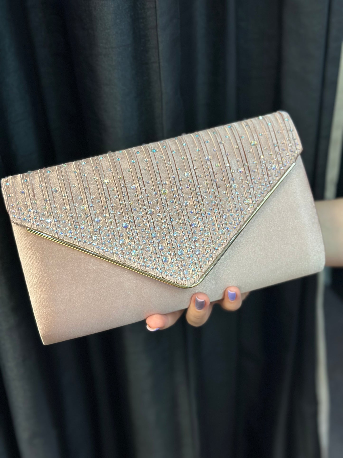IRREDESCENT STONES SATIN CLUTCH