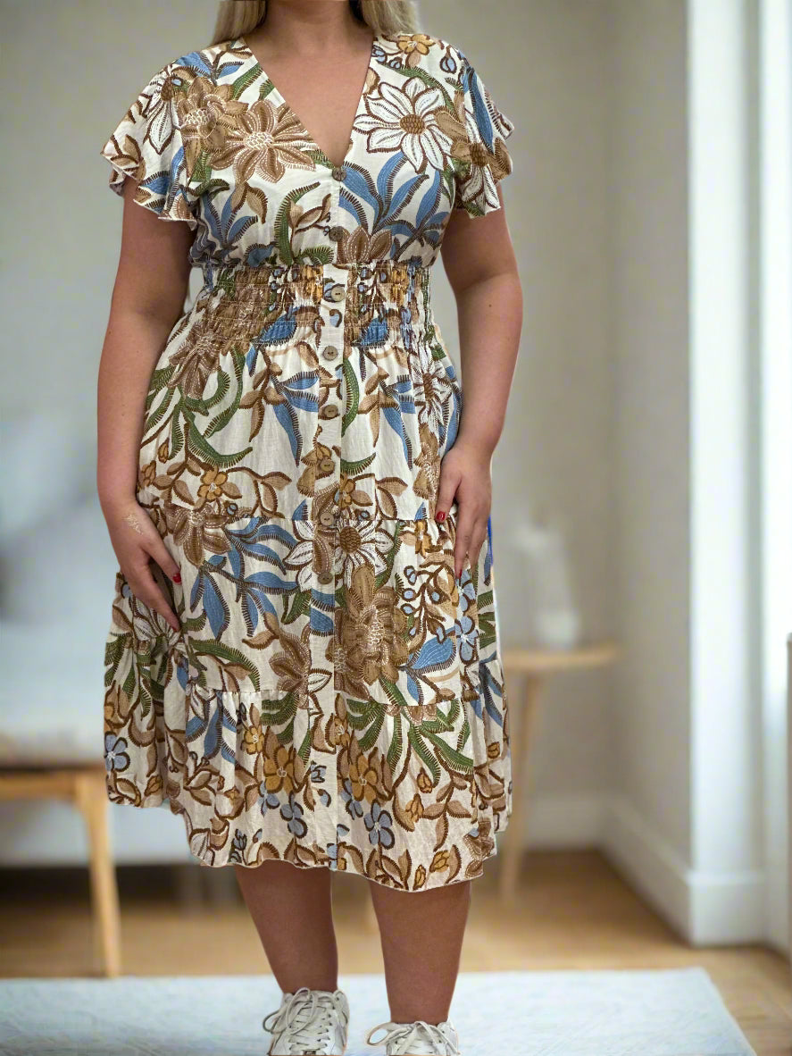 KEELY-BUTTON DETAIL PRINT MIDI DRESS -
