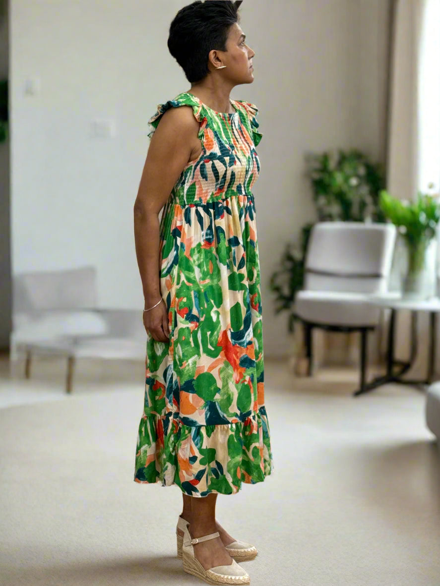 KASEY-PRINTED ROUCHED TOP MIDI DRESS