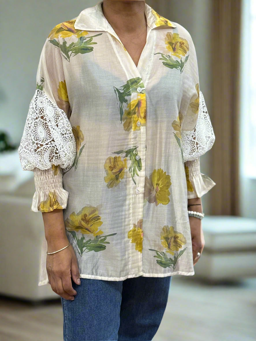 VESTA-SHEER LACE SLEEVE SHIRT