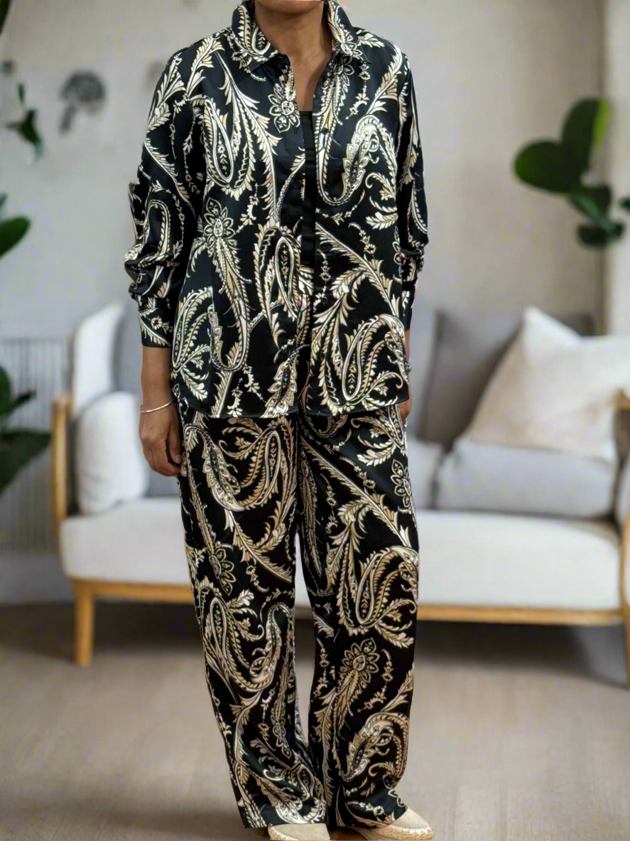 BYOUNG-FLAIR PRINT SILKY SHIRT-CO-ORD