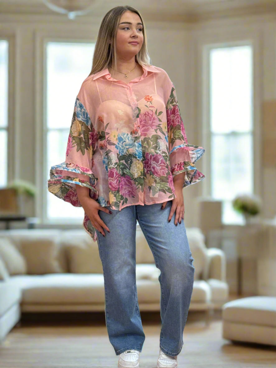 THUNDER - SHEER FRILL SLEEVE SHIRT BLOUSE