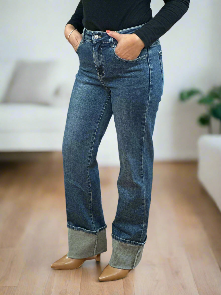 ALANA - WIDE TURN-UP JEAN-AGED BLUE