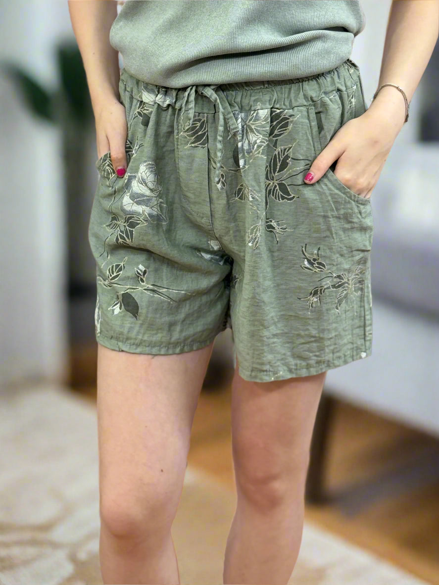 KELLY-LINEN MIX PRINT SHORT
