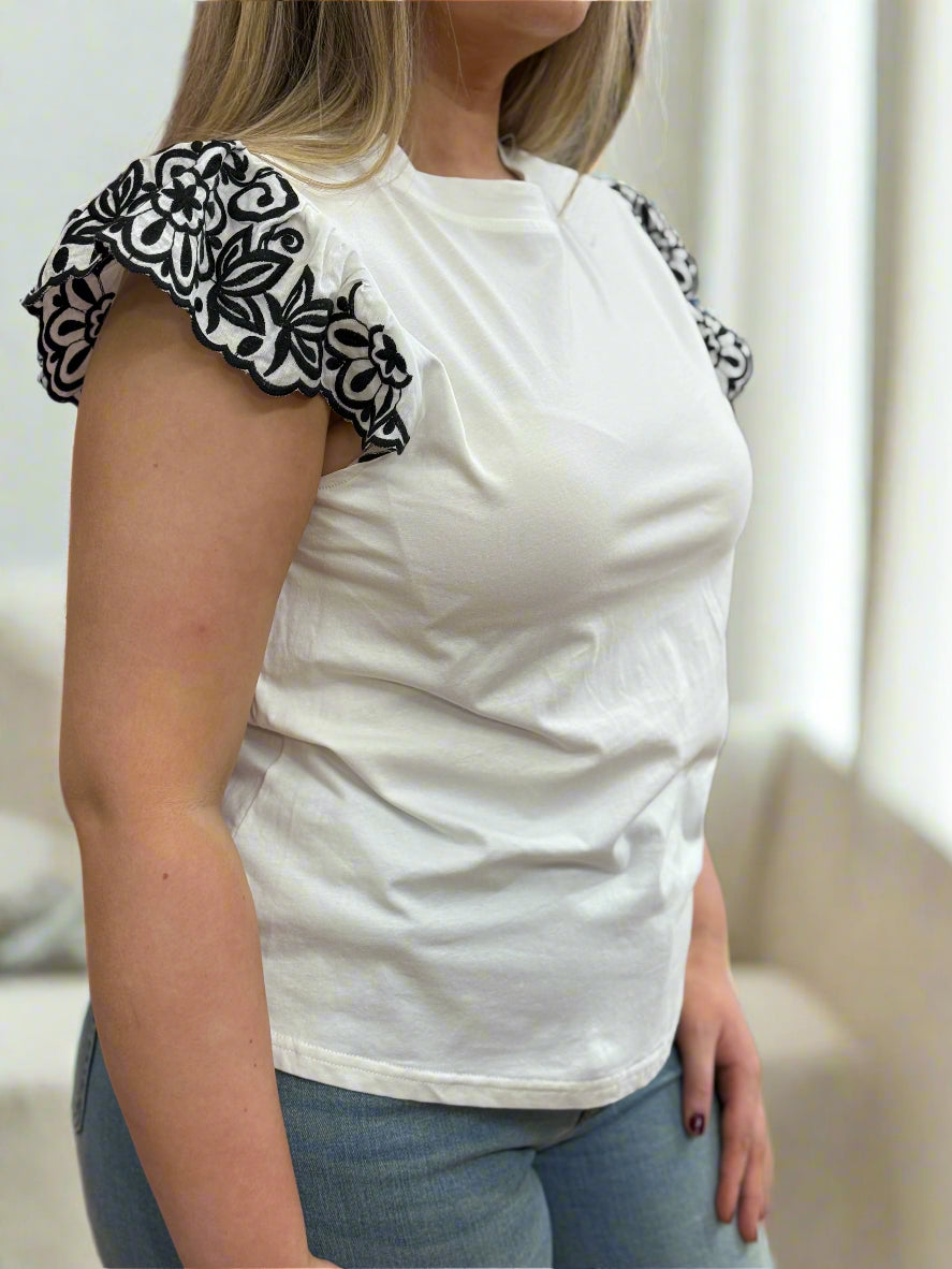 ASHTON FRILL SHOULDER TEES- EMB ANG. #LAST 1 LEFT
