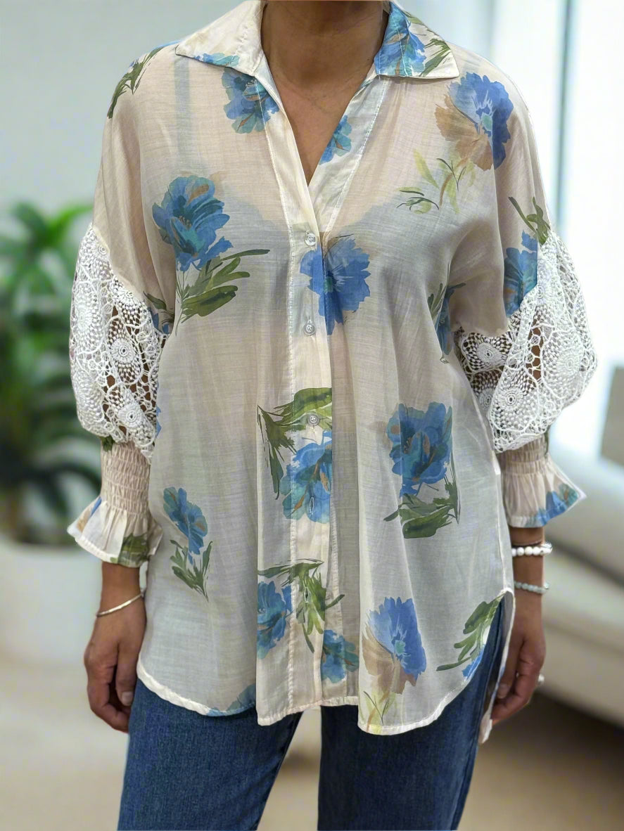 VESTA-SHEER LACE SLEEVE SHIRT