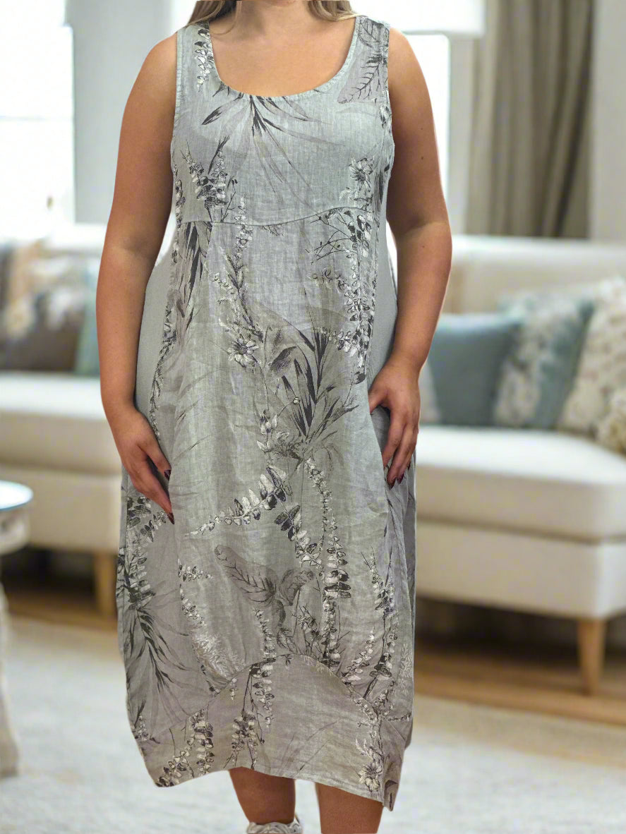 LINO-HOPE RIB SIDE LEAF LINEN DRESS-