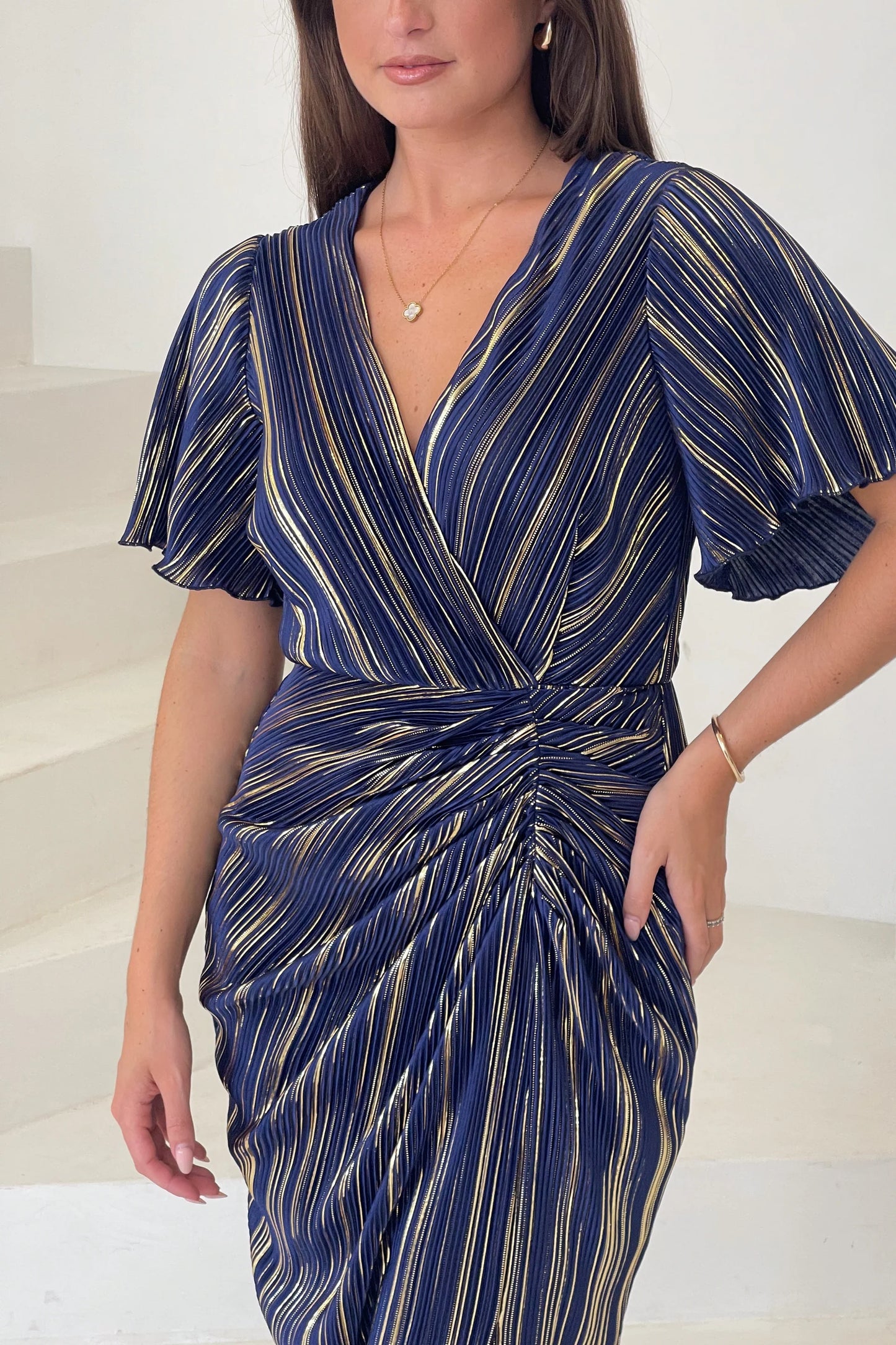 ISLA -NAVY/GOLD WRAP EFFECT PLISSE DRESS