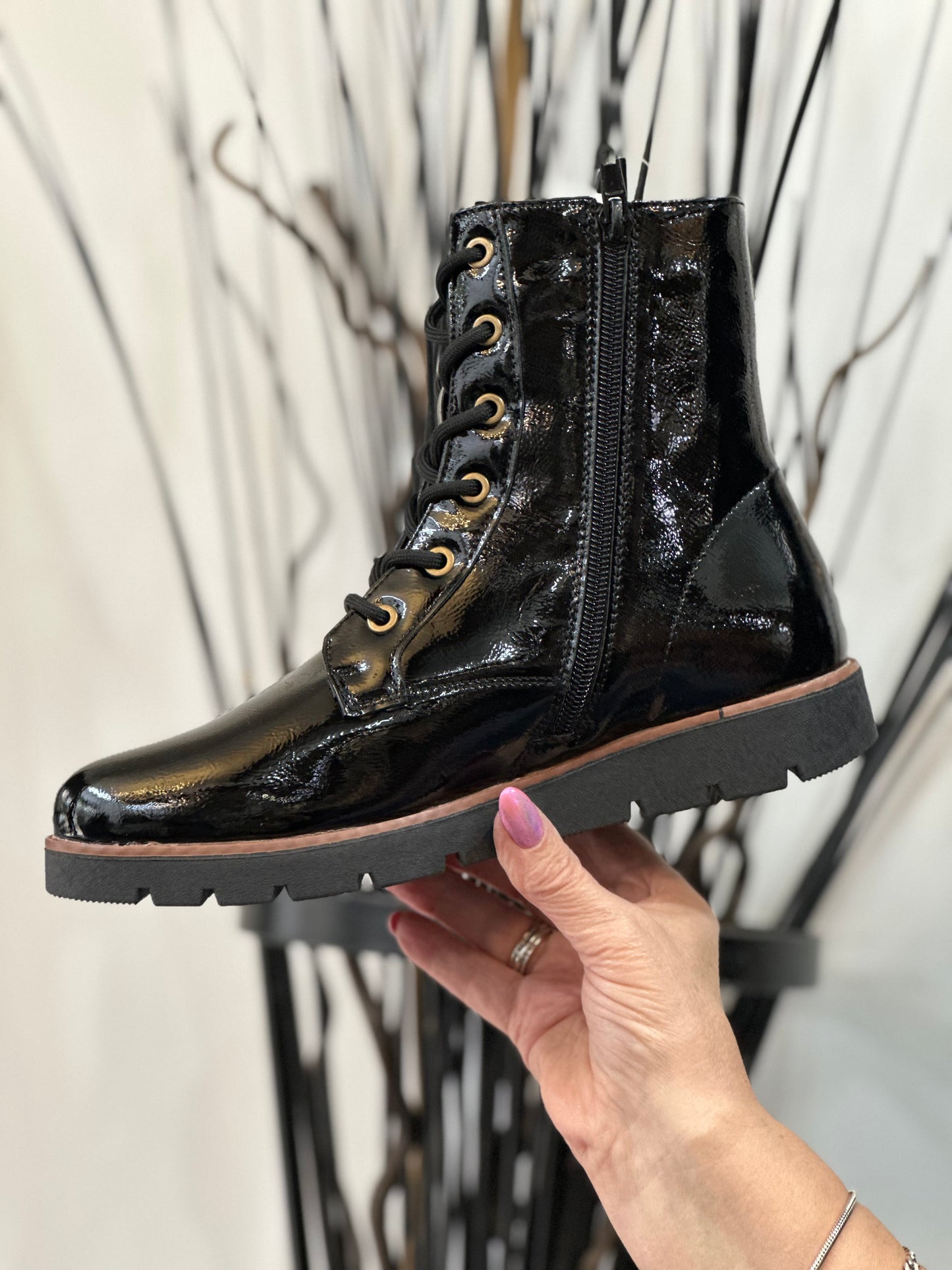 LILLIAN-PATENT LACE/ZIP ANKLE BOOT-BLACK --#FLASH££OFF