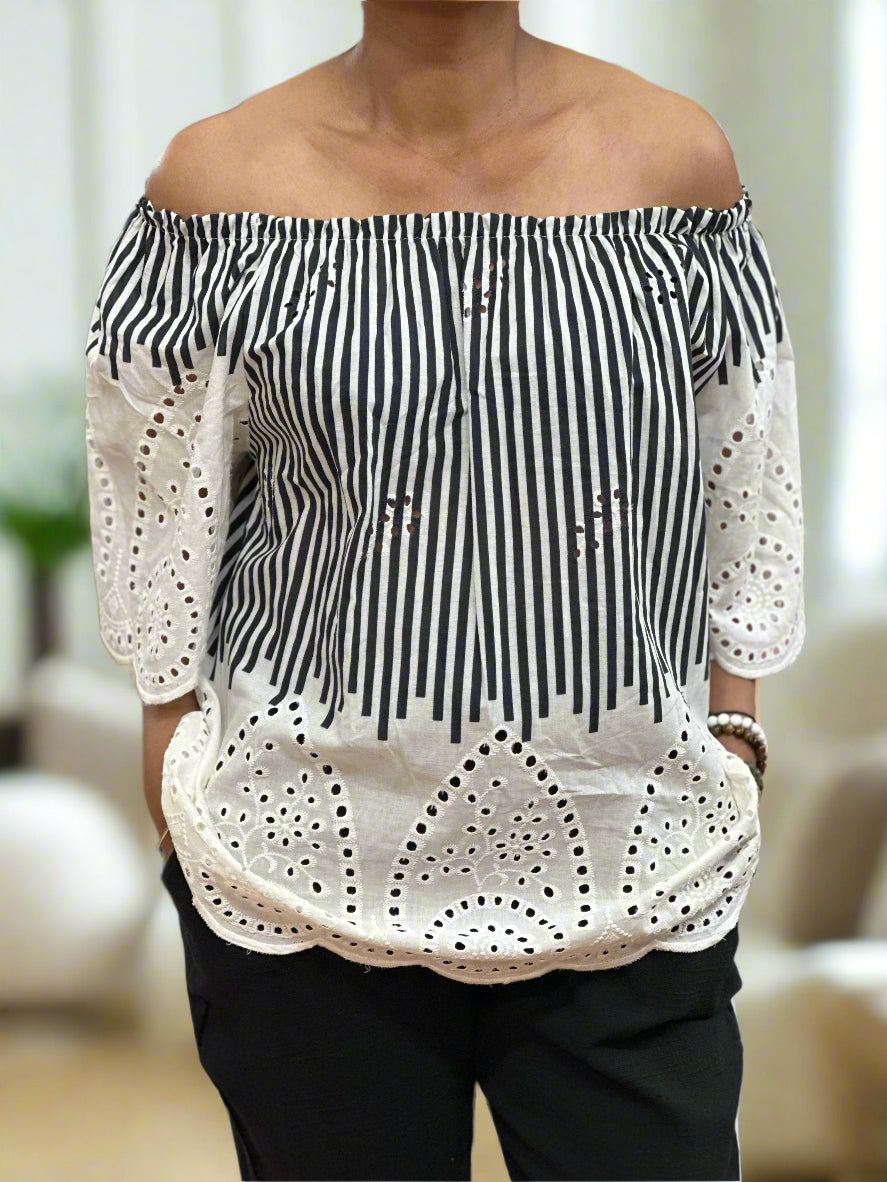 FIONA -BARDOT STRIPE EMB TOP