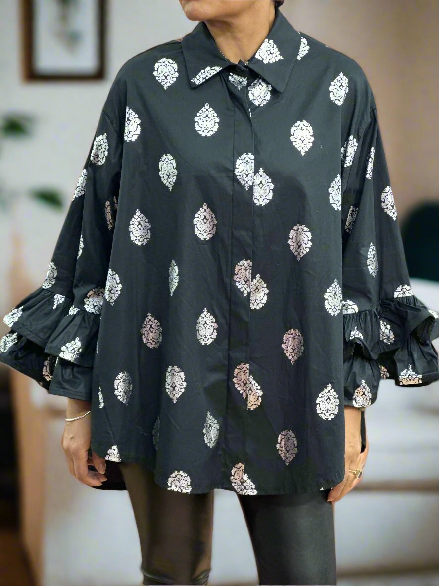 FOIL PAISLEY RUFFLE CUFF SHIRT