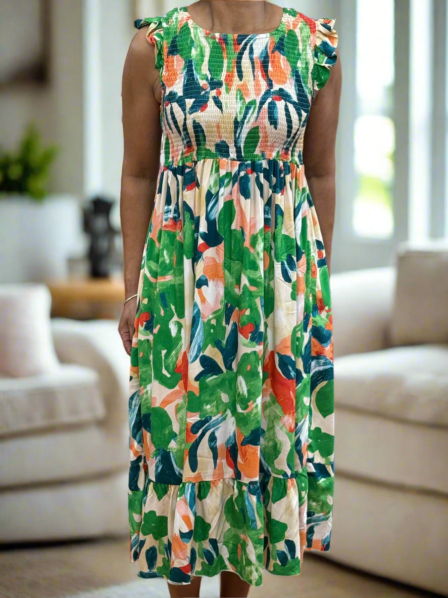 KASEY-PRINTED ROUCHED TOP MIDI DRESS