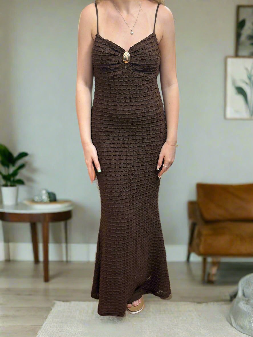 KATY-FITTED GOLD DETAIL LONG DRESS