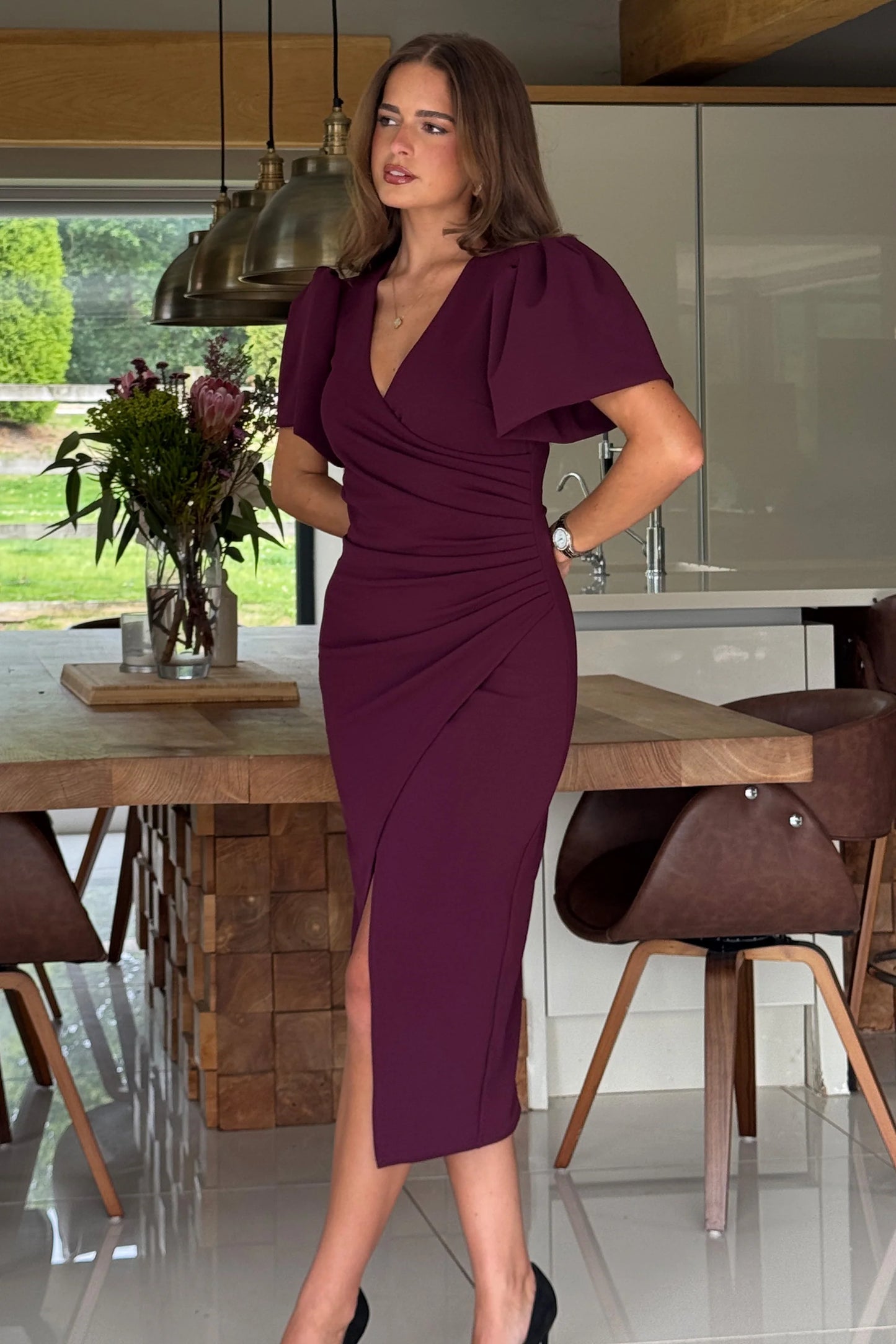 FREIDA- PUFF SLEEVE RUCHED MIDI DRESS