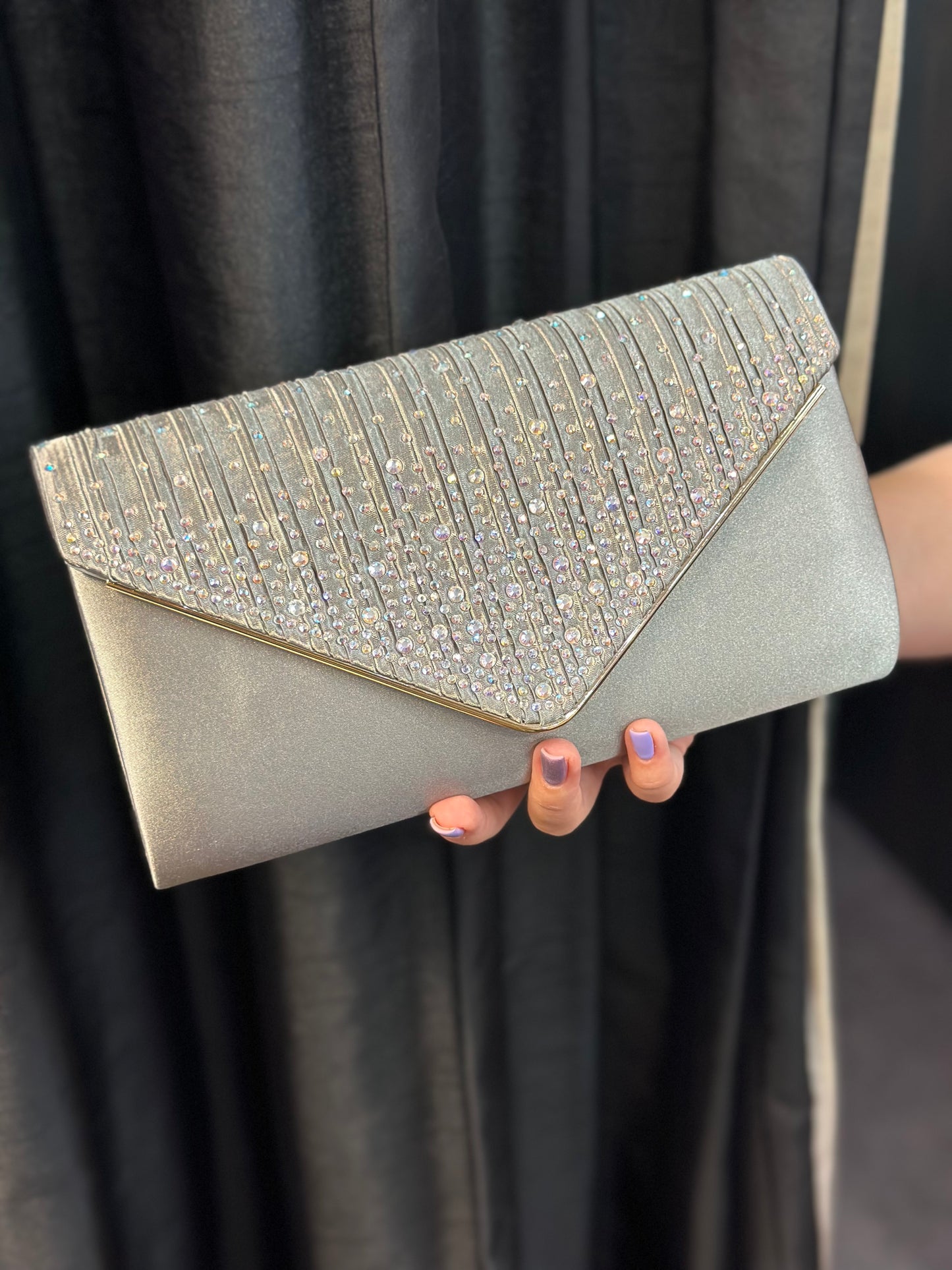 IRREDESCENT STONES SATIN CLUTCH