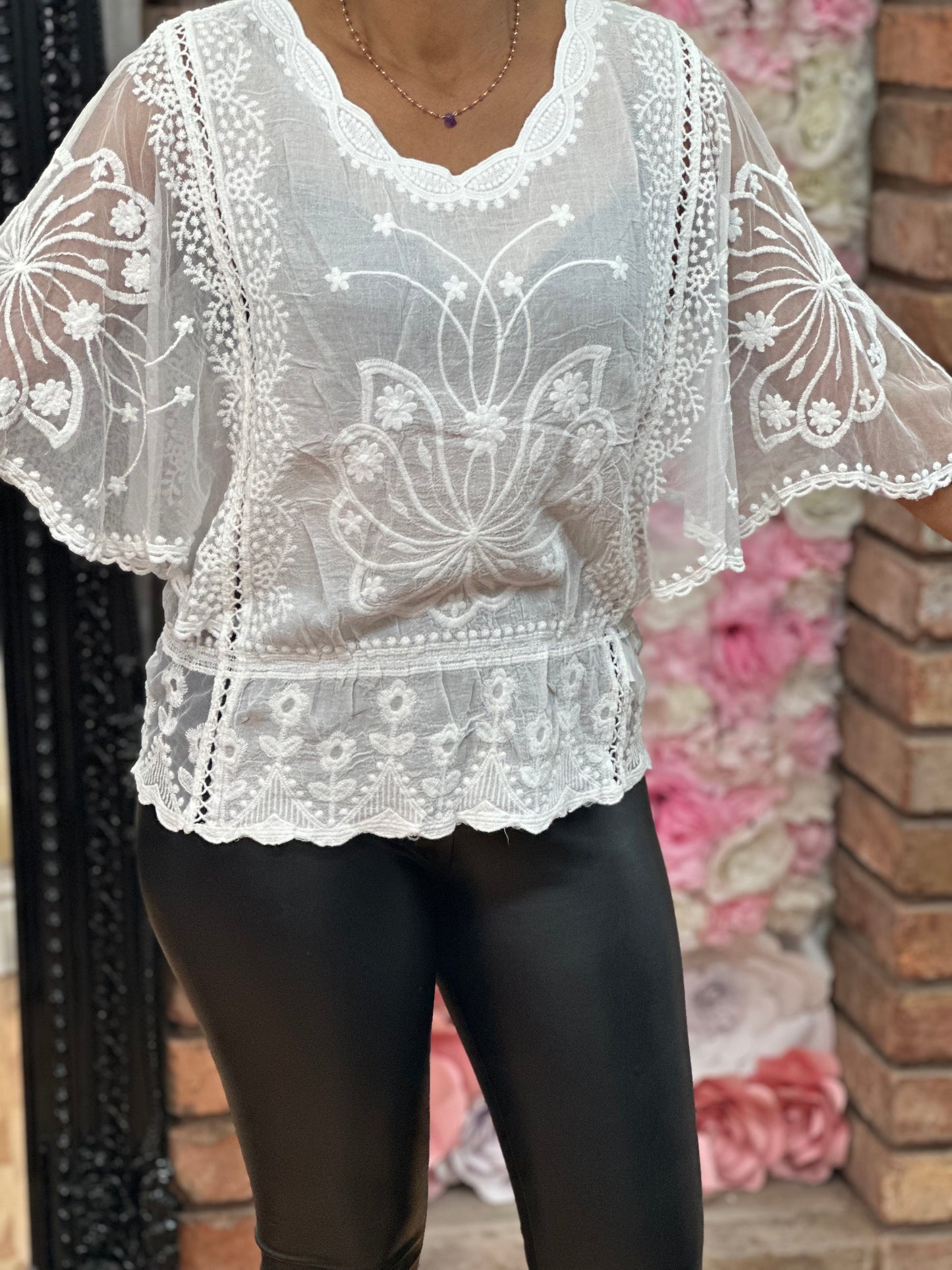 BUTTERFLY EMB MESH TOP