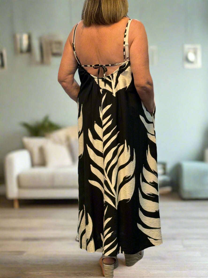 TAMARA -BLACK /CREAM LEAF STRAPPY