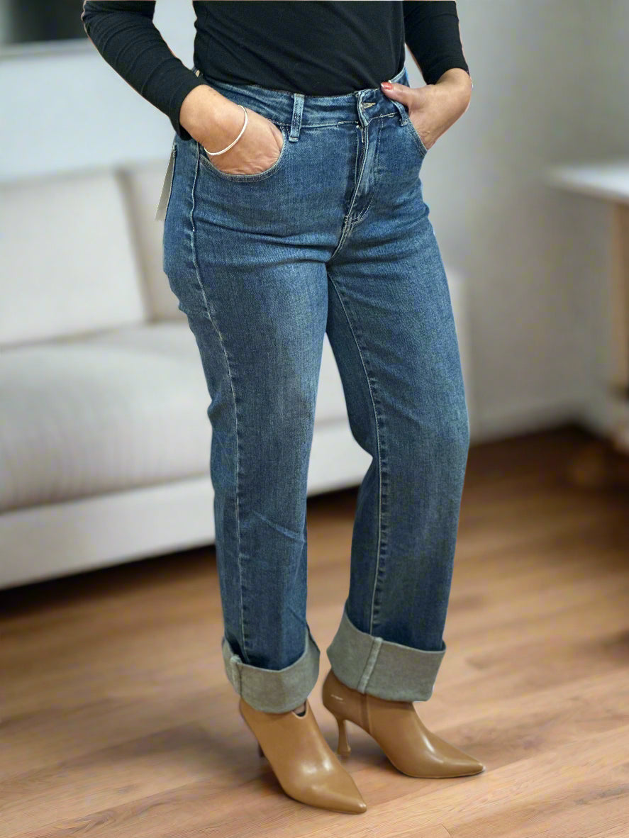 ALANA - WIDE TURN-UP JEAN-AGED BLUE