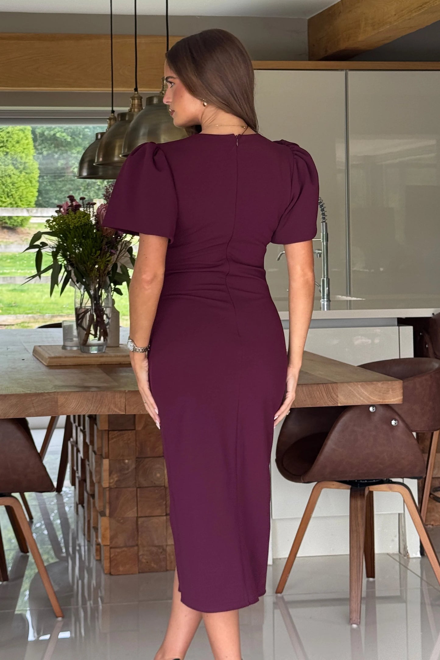 FREIDA- PUFF SLEEVE RUCHED MIDI DRESS