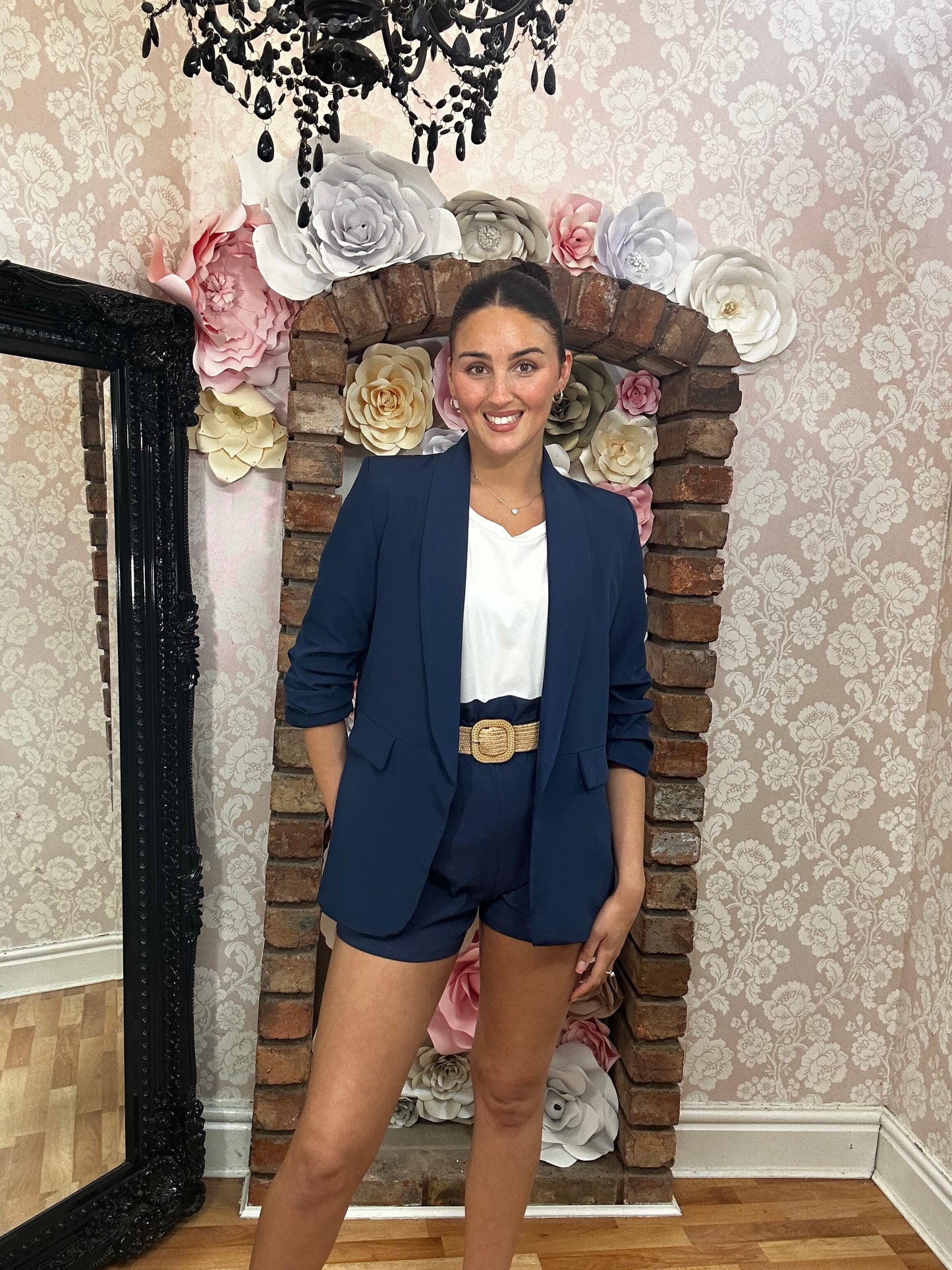 MIMI RUCHED SLEEVE BLAZER- NAVY -