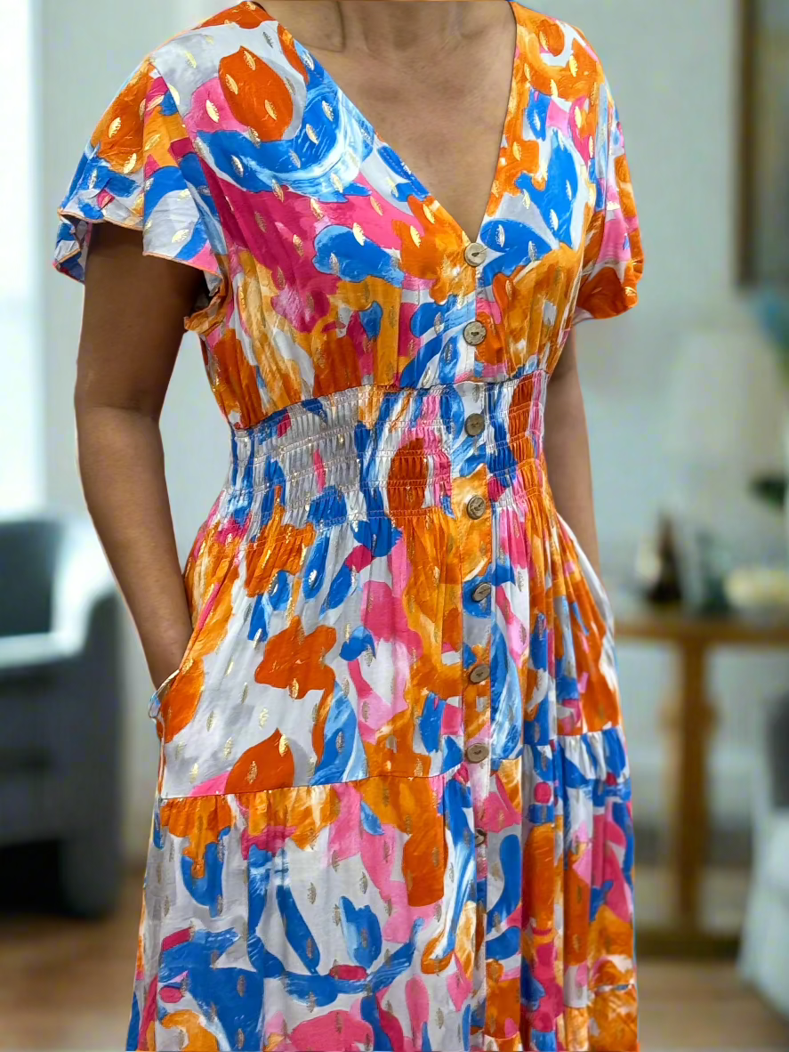 KEELY-BUTTON DETAIL PRINT MIDI DRESS
