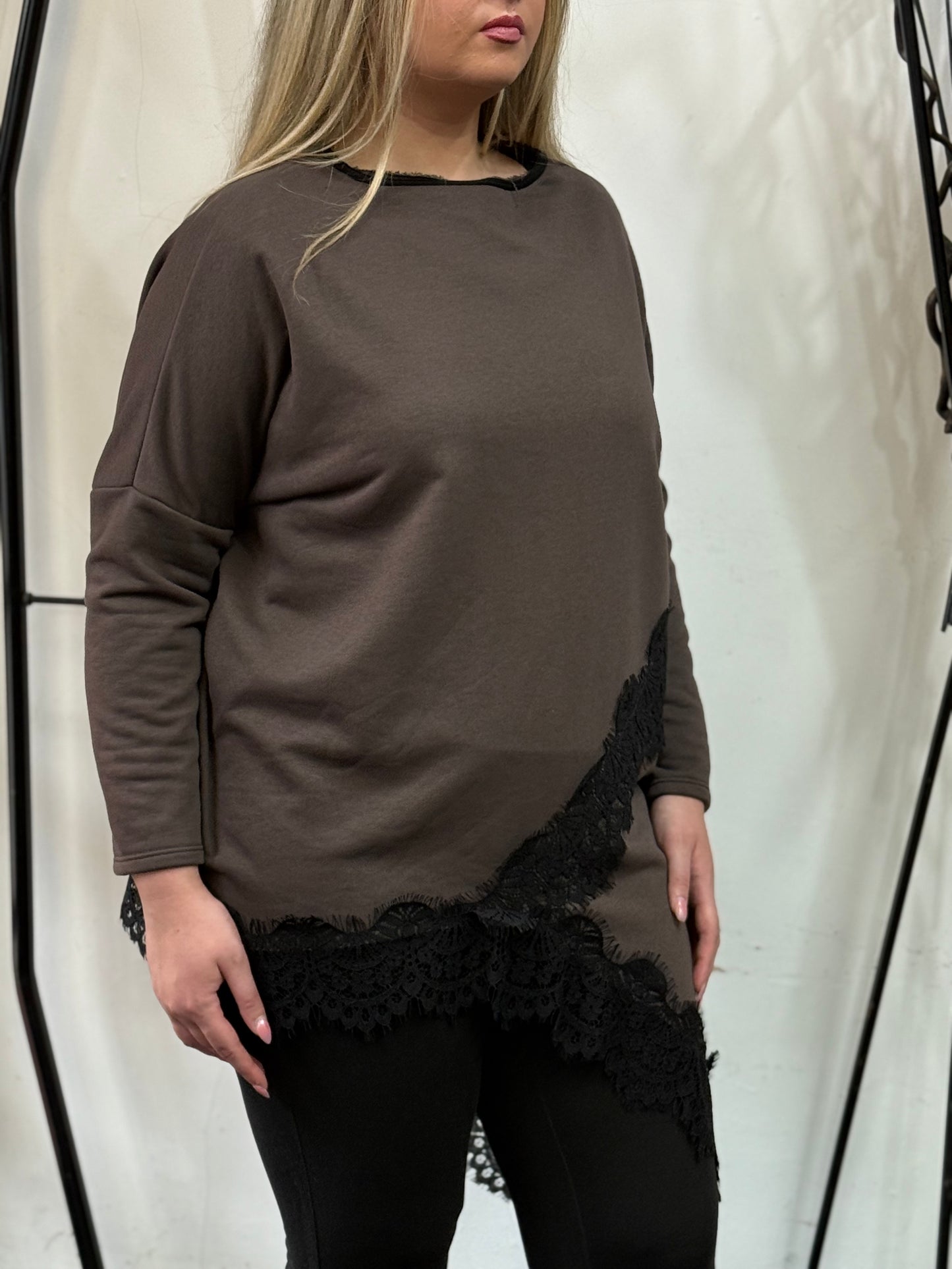 JAYE-ASSYMETRIC LACE TRIM SWEAT TOP