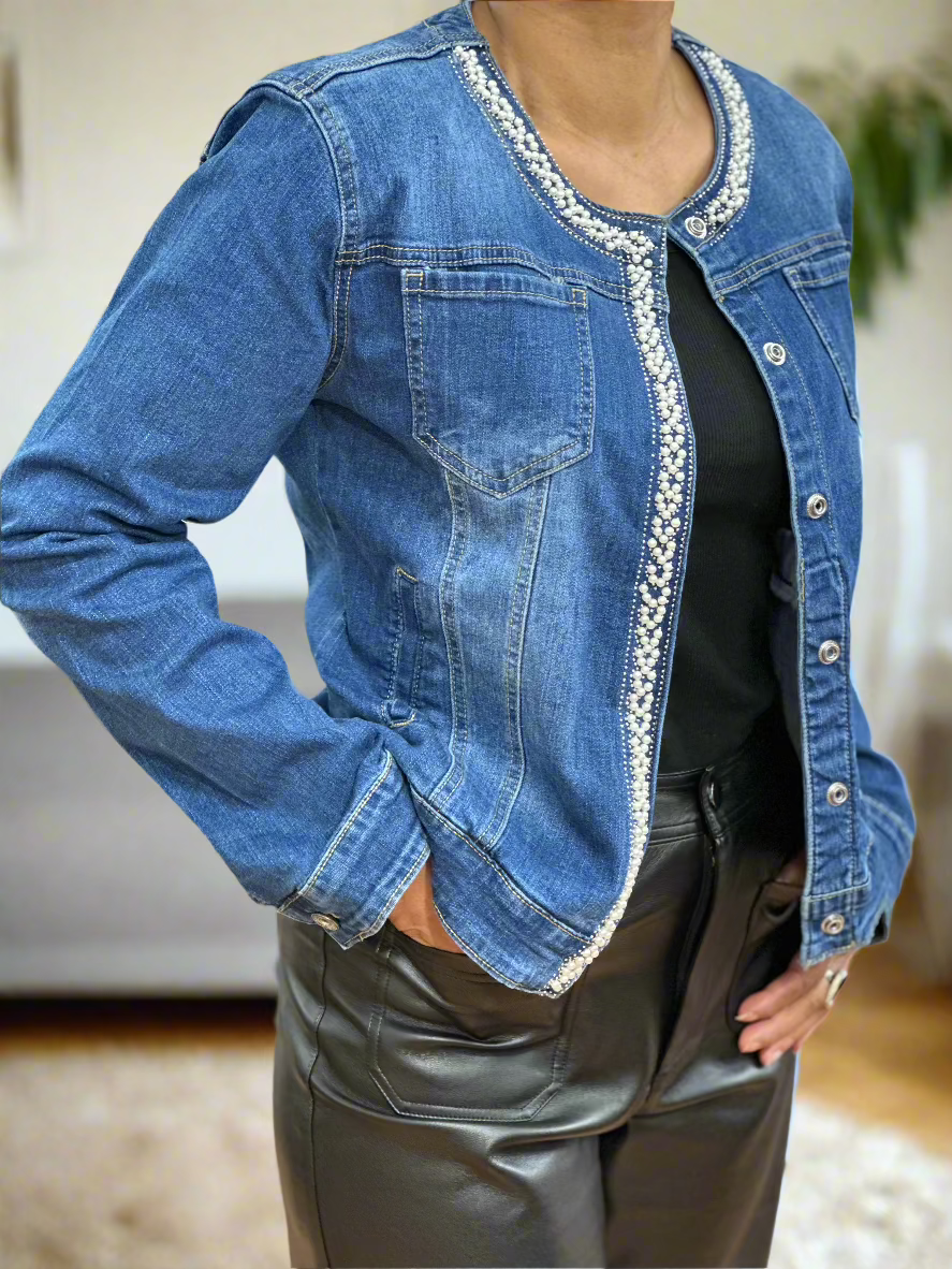 ELLIS- SEQ/PEARL DETAIL DENIM JACKET